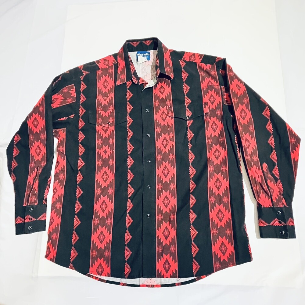 Vintage Wrangler Brushpopper Pearl Snap Western Aztec Cowboy Canvas Shirt Sz XL
